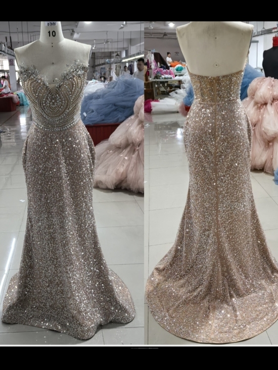Dresses & Skirts - Strapless Glitter Sequin Mermaid Prom Dress in Champagne Blush